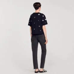 T-Shirts*SANDRO T-shirt Orné De Sequins Fleurs Noir