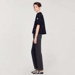 T-Shirts*SANDRO T-shirt Orné De Sequins Fleurs Noir