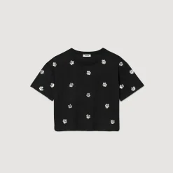 T-Shirts*SANDRO T-shirt Orné De Sequins Fleurs Noir