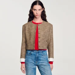 Blousons & Vestes*SANDRO Veste Courte Pied De Puce Marron