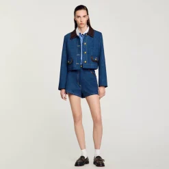 Ensembles|Blousons & Vestes*SANDRO Veste En Jean à Col En Cuir Bleu