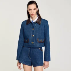 Ensembles|Blousons & Vestes*SANDRO Veste En Jean à Col En Cuir Bleu