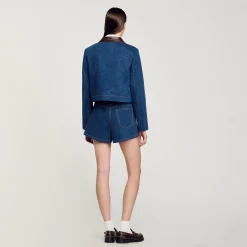 Ensembles|Blousons & Vestes*SANDRO Veste En Jean à Col En Cuir Bleu