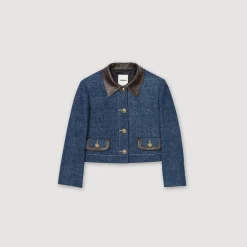 Ensembles|Blousons & Vestes*SANDRO Veste En Jean à Col En Cuir Bleu